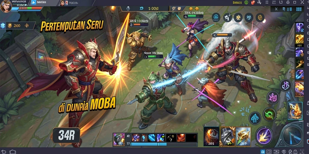 Tampilan aksi seru dalam gameplay MOBA 34R.