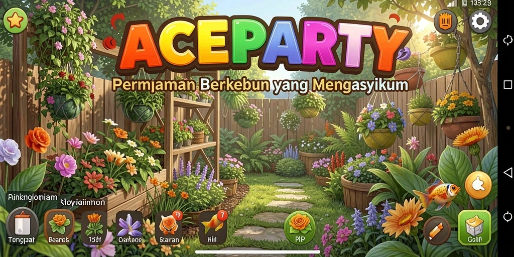 Tampilan gameplay menarik dari <strong>ACEPARTY</strong> menunjukkan kebun yang subur dan berbagai aktivitas bertani.