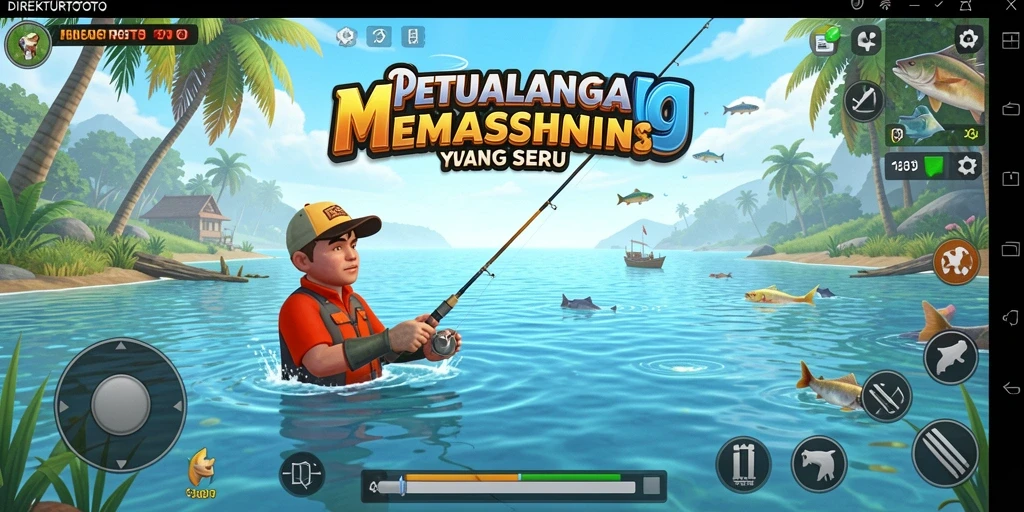 Screenshot gameplay DIREKTURTOTO dengan ikan dan alat pancing yang menarik.