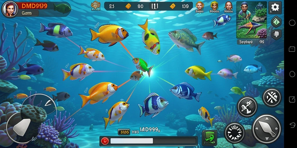 Screenshot gameplay DMD999 dengan aksi tembak ikan yang seru.