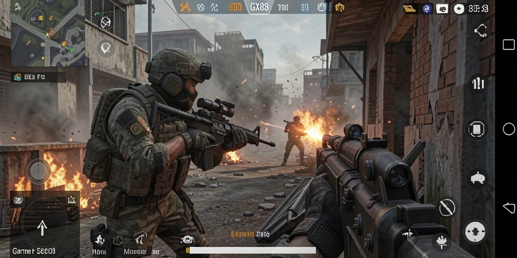 Screenshot GX88 menunjukkan aksi pertempuran FPS yang mendebarkan.