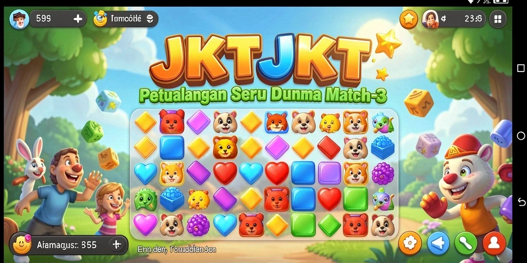 Menampilkan gameplay seru JKTJKT dengan kombinasi objek berwarna.