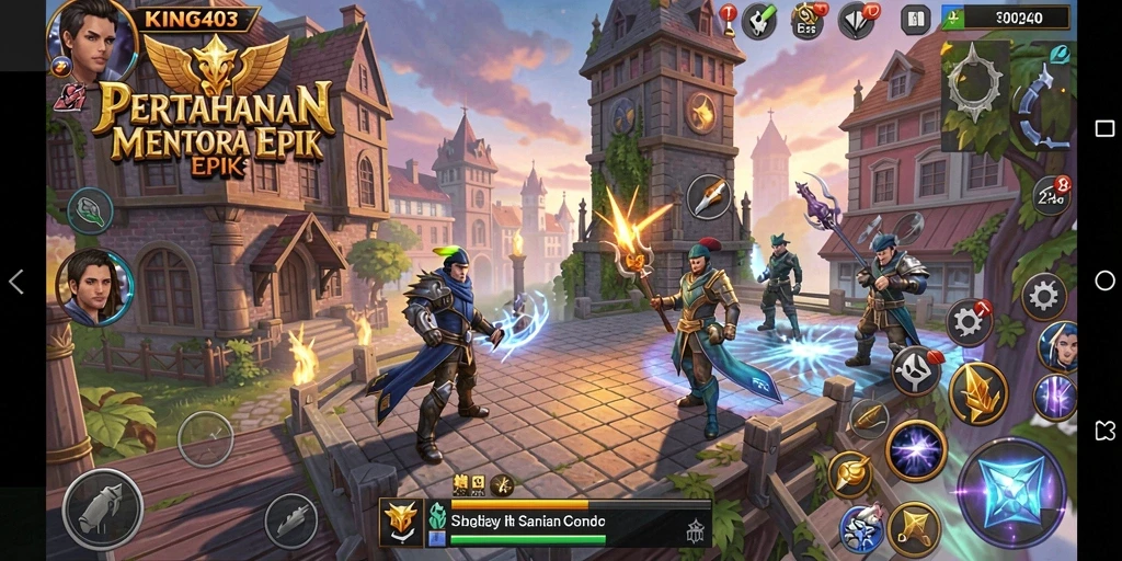 Tampilan utama gameplay KING403 dengan menara dan musuh yang berinteraksi.