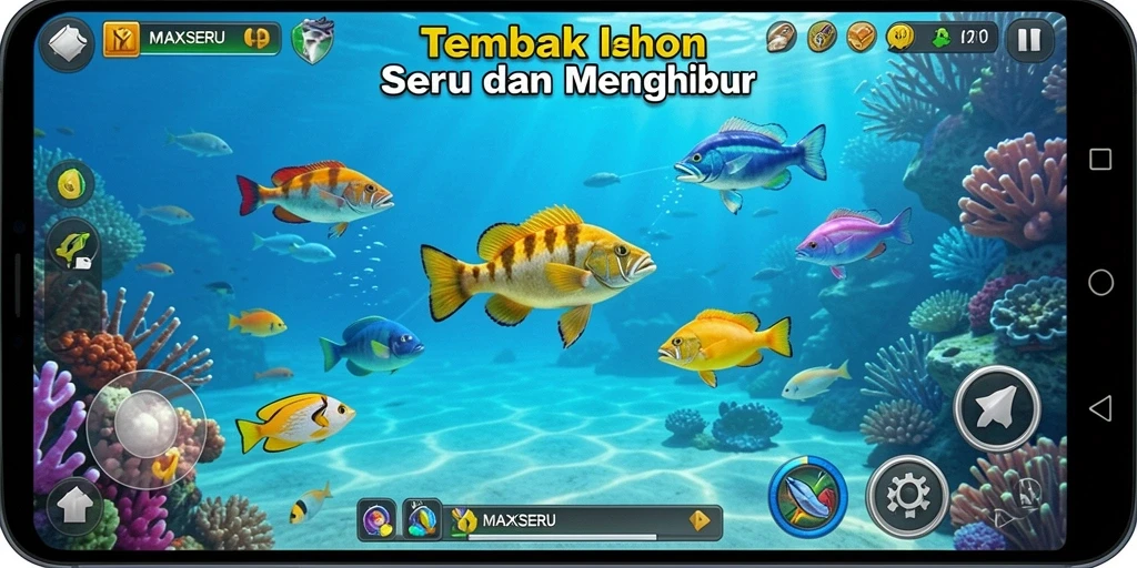 Tampilan gameplay seru dalam MAXSERU dengan berbagai ikan untuk ditembak.
