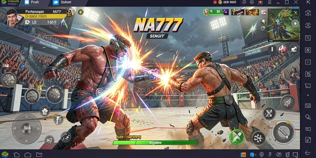 Tampilan gameplay NA777 dengan pertarungan yang mendebarkan dan karakter unik.