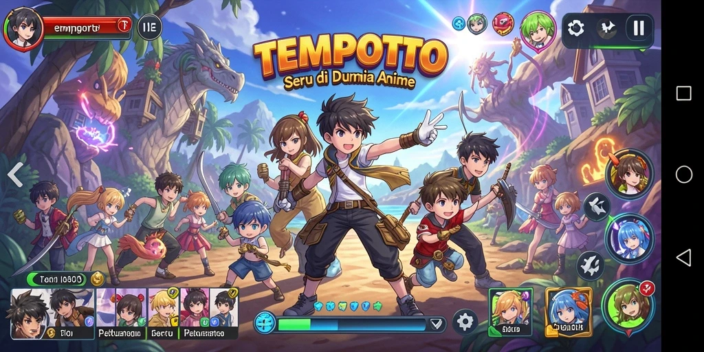 Tampilan gameplay TEMPOTOTO yang penuh warna dan penuh aksi.