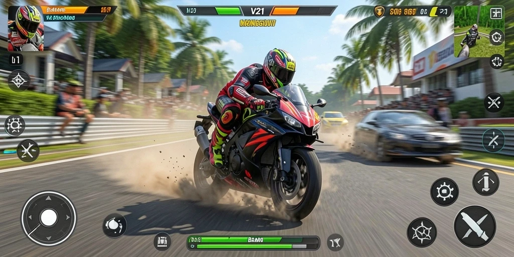 Tampilan gameplay V21 dengan aksi balapan motor yang mendebarkan.
