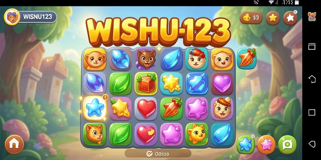 Screenshot gameplay WISNU123 dengan tindakan mencocokkan item berwarna.
